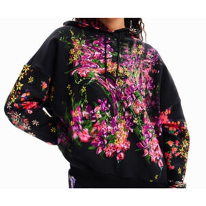 Desigual Hoodie Women Floral Art Black Multi Pullover Size S
